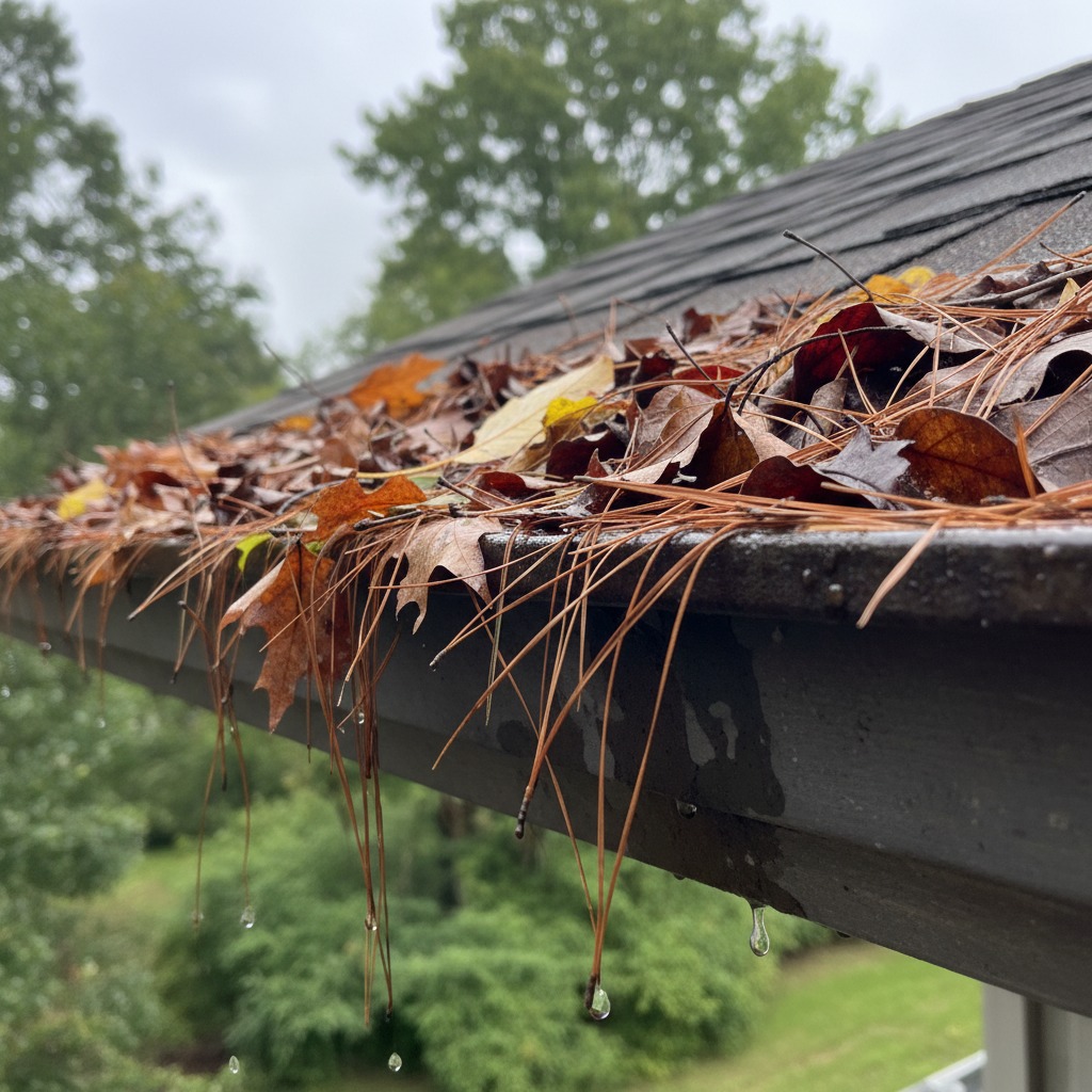gutter with leaf and pinestraw in it