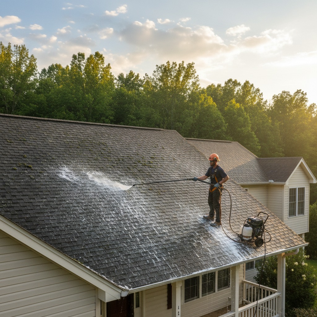 soft washing an aspalt roof without a vehicle in the background