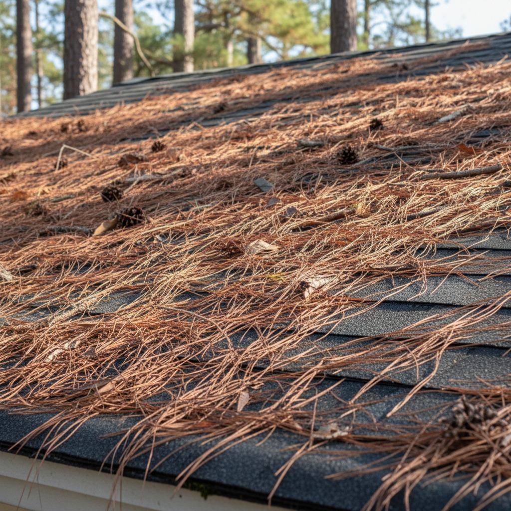 roof with pinestraw debris